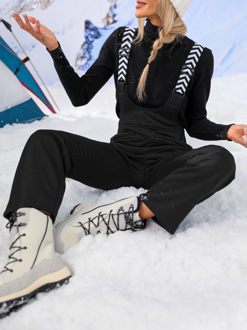 Fisoew Women Snow Bib Overalls Insulated Waterproof Windproof Ski Bibs Pants Breathable Snowsuit Black - Image 4