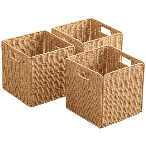 ChubanCraft Foldable Storage Baskets with Handles Paper Rope Storage Baskets Rectangle Collapsible Hand Woven Storage Cubes Bins for Organizing Shelves Living Room Bedroom Pantry (3, 11'' x 11'' x 11'') - Image 1