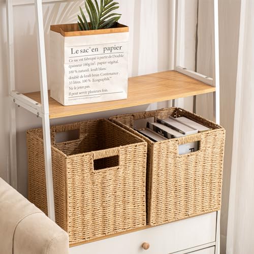 ChubanCraft Foldable Storage Baskets with Handles Paper Rope Storage Baskets Rectangle Collapsible Hand Woven Storage Cubes Bins for Organizing Shelves Living Room Bedroom Pantry (3, 11'' x 11'' x 11'') - Image 4