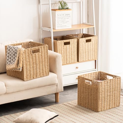 ChubanCraft Foldable Storage Baskets with Handles Paper Rope Storage Baskets Rectangle Collapsible Hand Woven Storage Cubes Bins for Organizing Shelves Living Room Bedroom Pantry (3, 11'' x 11'' x 11'') - Image 3