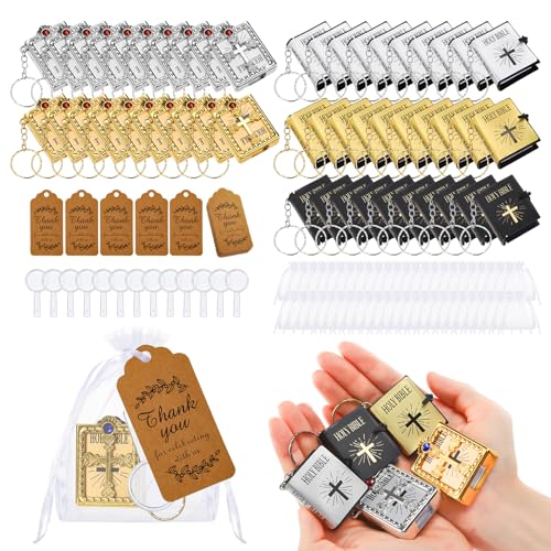 Hoemwarm 200 Pcs Bible Gift Set for Christian Include Mini Bible Verse Keychain Thank You Tag White Organza Bags Magnifying Glass Mini Keychains for Church Souvenir Gift, Gold Silver Black, Multicolor - Image 1