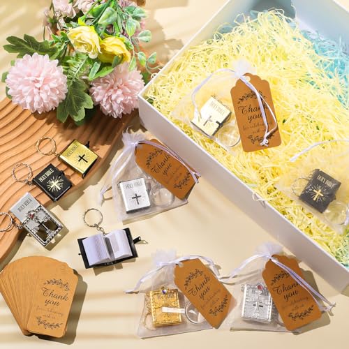 Hoemwarm 200 Pcs Bible Gift Set for Christian Include Mini Bible Verse Keychain Thank You Tag White Organza Bags Magnifying Glass Mini Keychains for Church Souvenir Gift, Gold Silver Black, Multicolor - Image 3