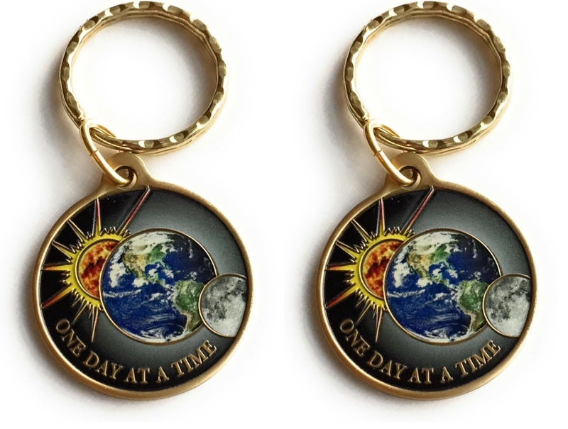 RecoveryChip One Day At A Time Universe Keychain Sun Moon Earth Medallion Color Serenity Prayer Chip