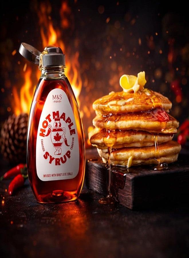 Mark & Spencers Hot Maple Syrup 310g - Canadian Maple Syrup Infused with Bird’s Eye Chilli - Sweet & Spicy Gourmet Syrup for Pancakes, Waffles, Desserts, Marinades & Drinks - Vegan Friendly - Premium Spicy Maple - (Imported-UK) - Image 2