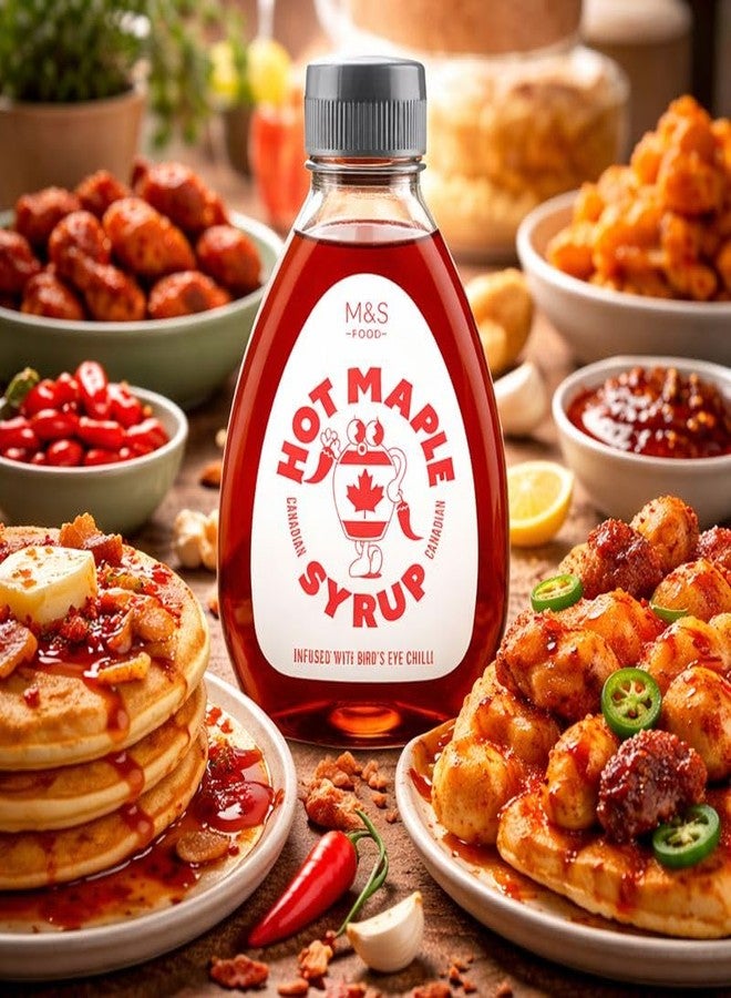 Mark & Spencers Hot Maple Syrup 310g - Canadian Maple Syrup Infused with Bird’s Eye Chilli - Sweet & Spicy Gourmet Syrup for Pancakes, Waffles, Desserts, Marinades & Drinks - Vegan Friendly - Premium Spicy Maple - (Imported-UK) - Image 3