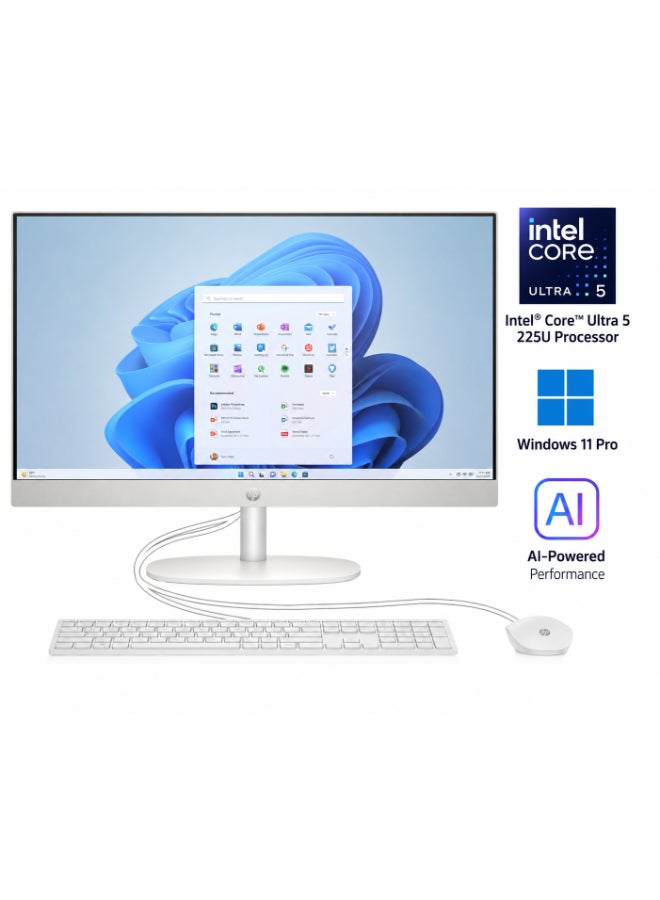 HP All-In-One 24-cr2032nh AI Desktop Computer, 24" FHD IPS Display, Intel Core Ultra 5 225U, 8GB RAM, 512GB SSD, Intel UHD Graphics, Wired Keyboard & Mouse, Window 11 , Snow White | D30BYEABH5 English Snow White - Image 1
