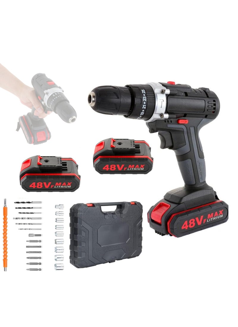 Generic - 48V Electric Impact Drill Set 25 Gears of Torques Adjustable Multifunctional Electric Impact Cordless Drill with LED Light and 2 Batteries Home DIY Electric Power Tool - Image 1