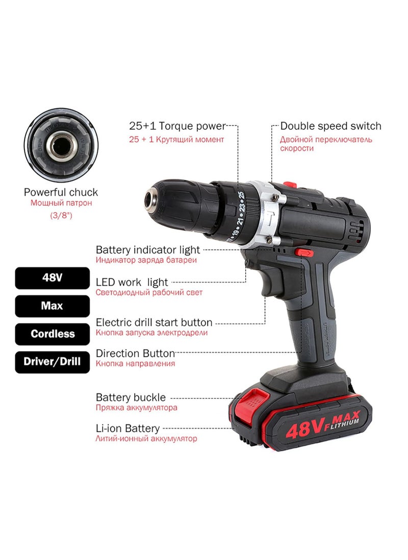 Generic - 48V Electric Impact Drill Set 25 Gears of Torques Adjustable Multifunctional Electric Impact Cordless Drill with LED Light and 2 Batteries Home DIY Electric Power Tool - Image 1