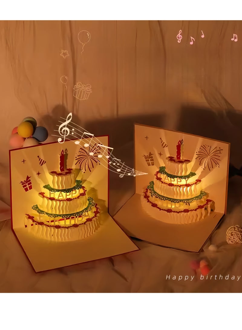Music candle cake 3D greeting card,3D Pop-Up Card with Music and Lighting Design Greeting Card for Birthday, Sturdy and Solid Cardstock Gift Card with Envelope and Thank You Card (Gold color)  - Image 1