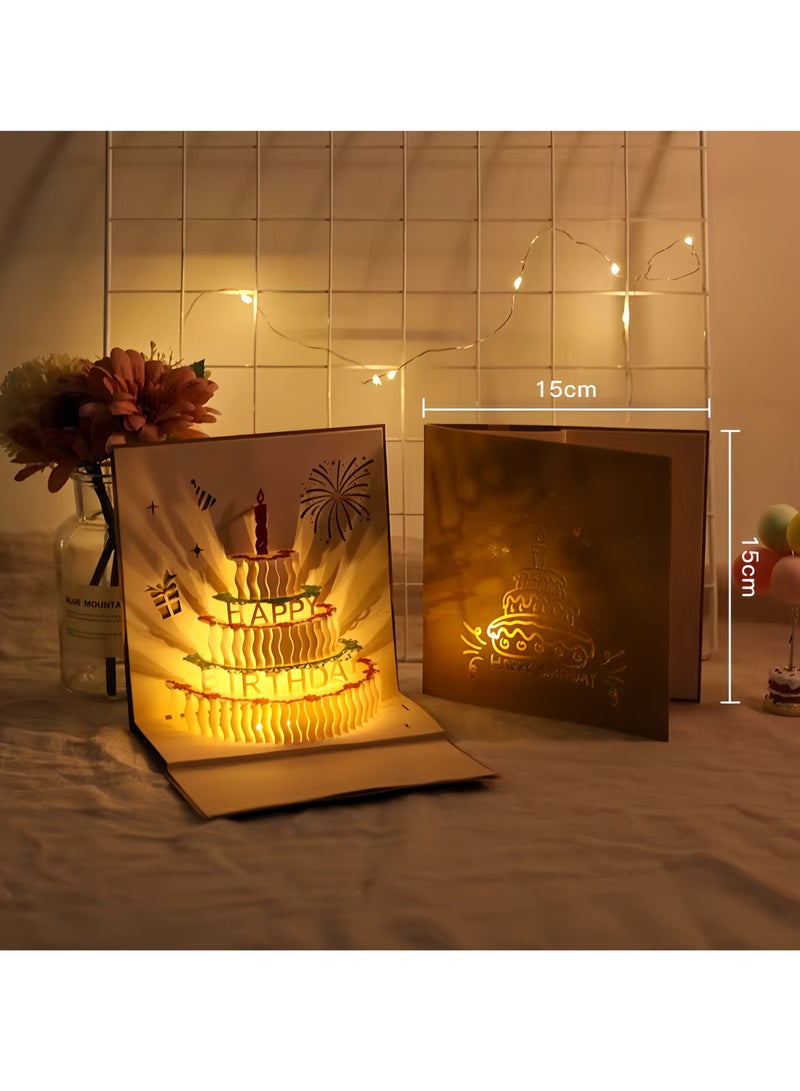 Music candle cake 3D greeting card,3D Pop-Up Card with Music and Lighting Design Greeting Card for Birthday, Sturdy and Solid Cardstock Gift Card with Envelope and Thank You Card (Gold color)  - Image 3
