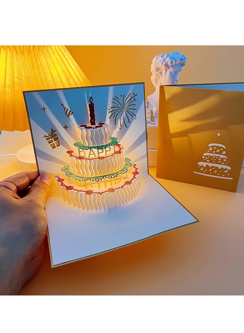 Music candle cake 3D greeting card,3D Pop-Up Card with Music and Lighting Design Greeting Card for Birthday, Sturdy and Solid Cardstock Gift Card with Envelope and Thank You Card (Gold color)  - Image 5