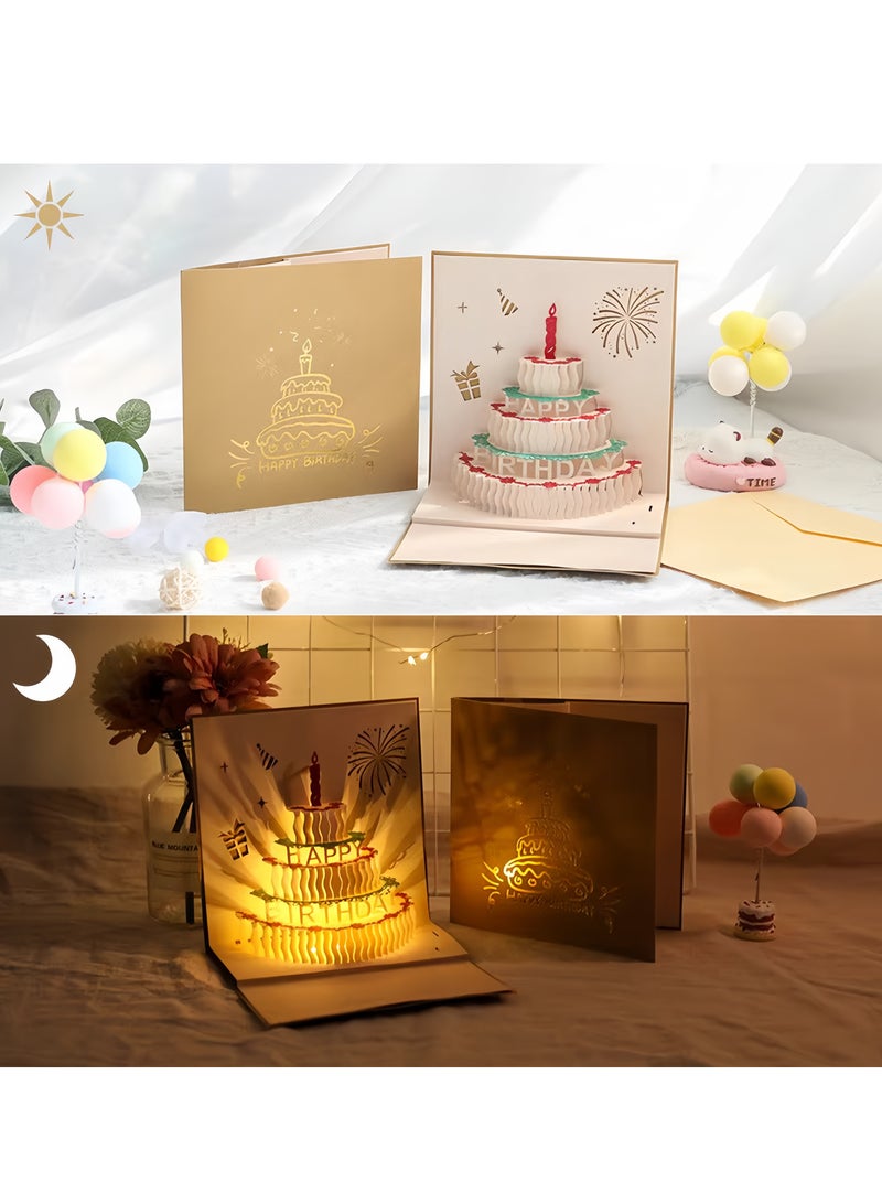 Music candle cake 3D greeting card,3D Pop-Up Card with Music and Lighting Design Greeting Card for Birthday, Sturdy and Solid Cardstock Gift Card with Envelope and Thank You Card (Gold color)  - Image 4