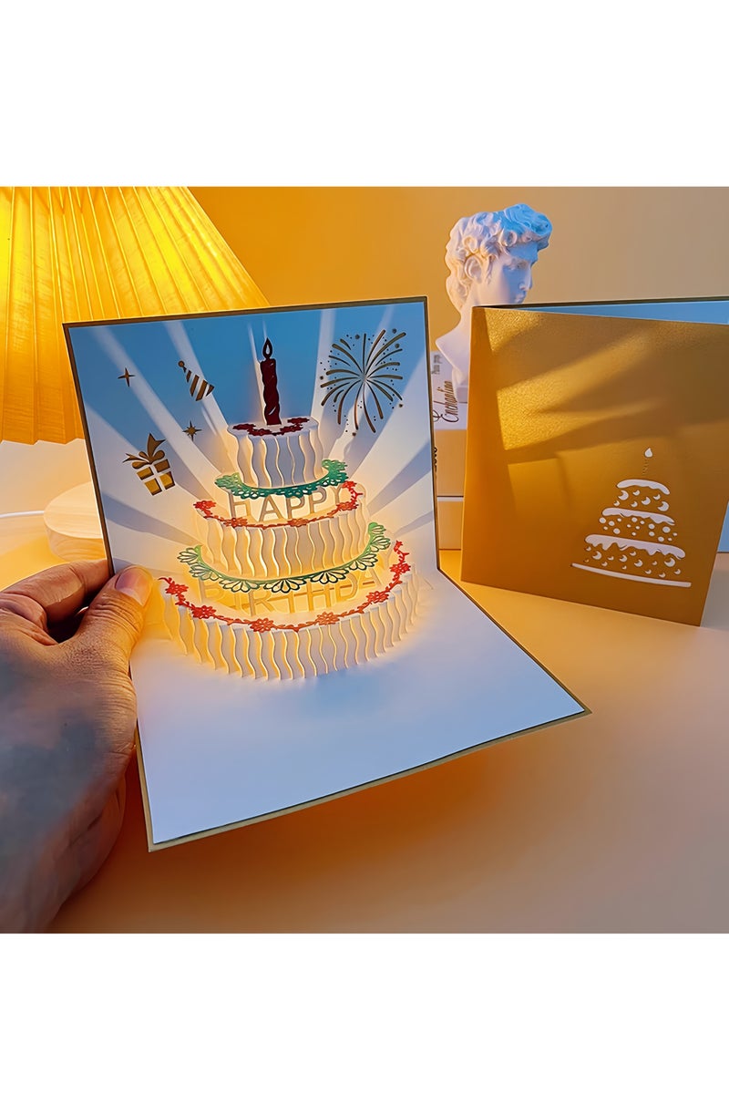 Music candle cake 3D greeting card,3D Pop-Up Card with Music and Lighting Design Greeting Card for Birthday, Sturdy and Solid Cardstock Gift Card with Envelope and Thank You Card (Gold color)  - Image 1