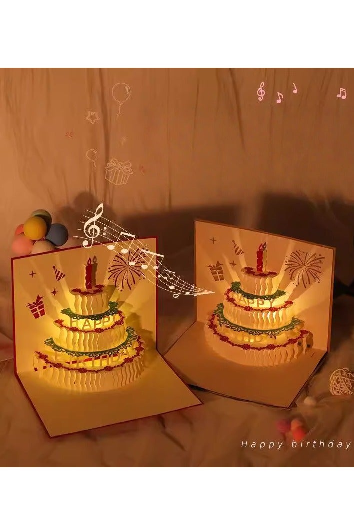Music candle cake 3D greeting card,3D Pop-Up Card with Music and Lighting Design Greeting Card for Birthday, Sturdy and Solid Cardstock Gift Card with Envelope and Thank You Card (Gold color)  - Image 2