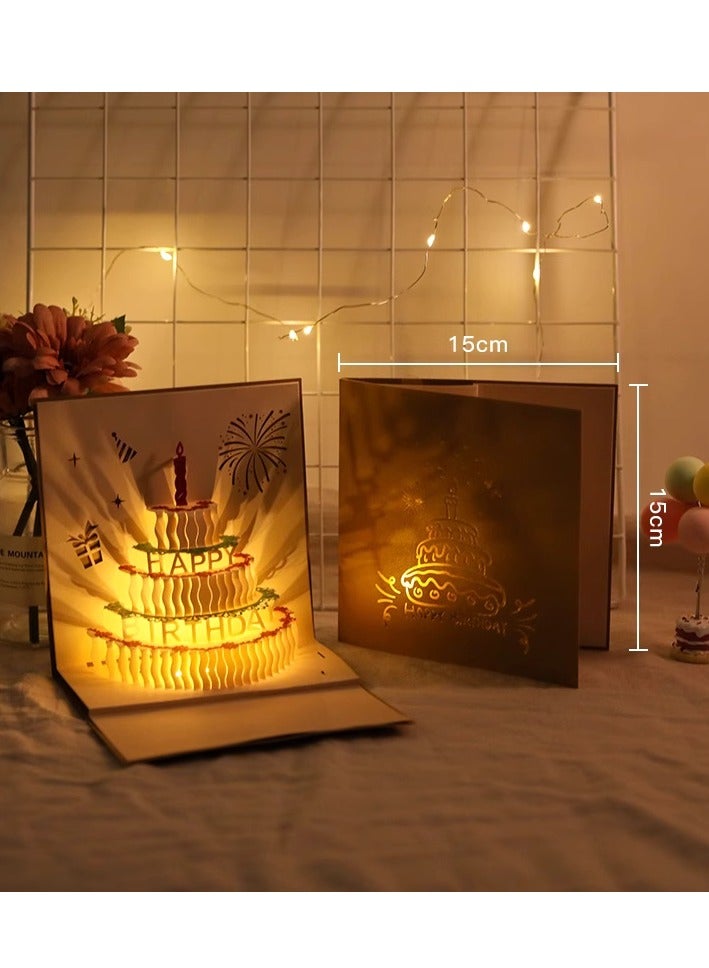 Music candle cake 3D greeting card,3D Pop-Up Card with Music and Lighting Design Greeting Card for Birthday, Sturdy and Solid Cardstock Gift Card with Envelope and Thank You Card (Gold color) - Image 2
