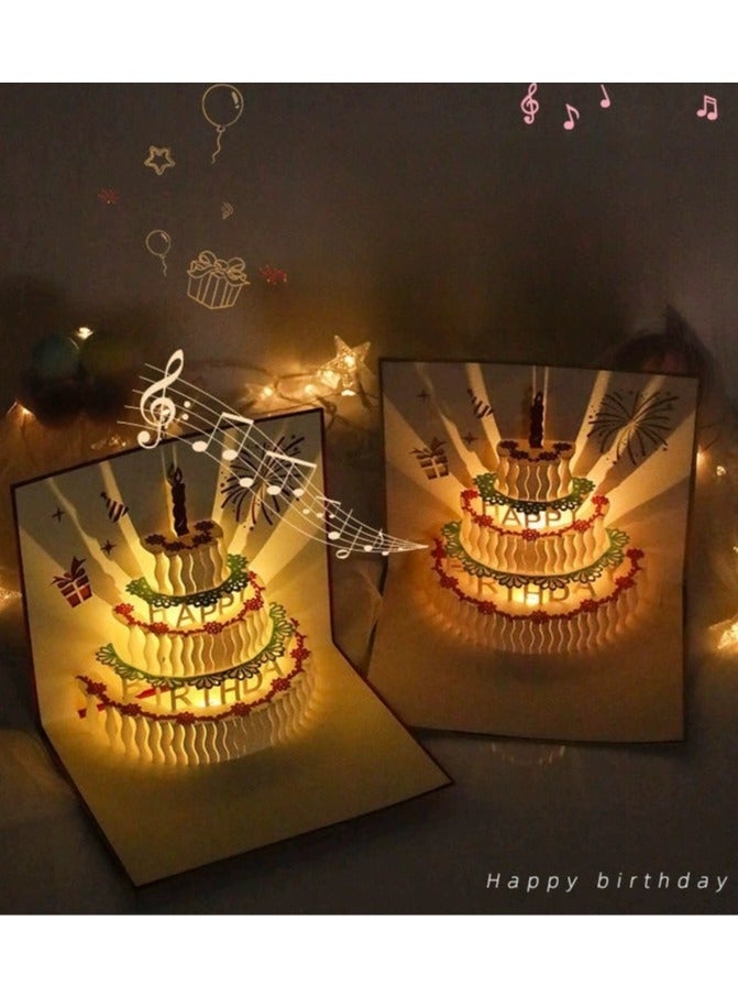 Music candle cake 3D greeting card,3D Pop-Up Card with Music and Lighting Design Greeting Card for Birthday, Sturdy and Solid Cardstock Gift Card with Envelope and Thank You Card (Gold color) - Image 1