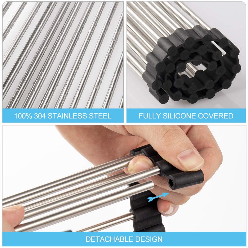 SunCleanse Roll Up Dish Drying Rack Large Over Sink Dish Drying Rack Drainer MultiUse Stainless Steel Foldable Dish Rack for Kitchen Sink Countertop 17L15W Black - Image 4