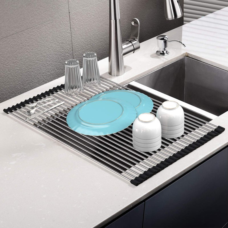 SunCleanse Roll Up Dish Drying Rack Large Over Sink Dish Drying Rack Drainer MultiUse Stainless Steel Foldable Dish Rack for Kitchen Sink Countertop 17L15W Black - Image 3