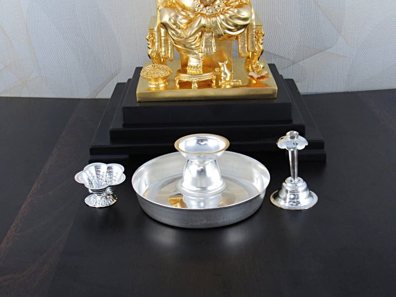 GoldGiftIdeas أفكار هدايا ذهبية مجموعة 4 قطع صينية بوجا فضية مطلية 4 بوصة هدية مثالية للعودة صينية بوجا مواد زخرفية لأغراض البوجا عبوة من 5 - Image 4
