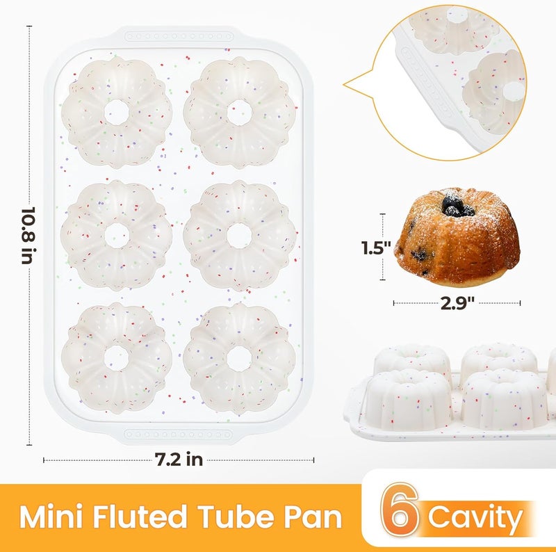 CAKETIME Mini Fluted Tube Pan with Metal Reinforced Frame, 6-Cavity Silicone Nonstick Small Cake Molds 3Pcs for Chocoflan, Donuts, Cornbread, Brownies, Jellies BPA Free - Image 2