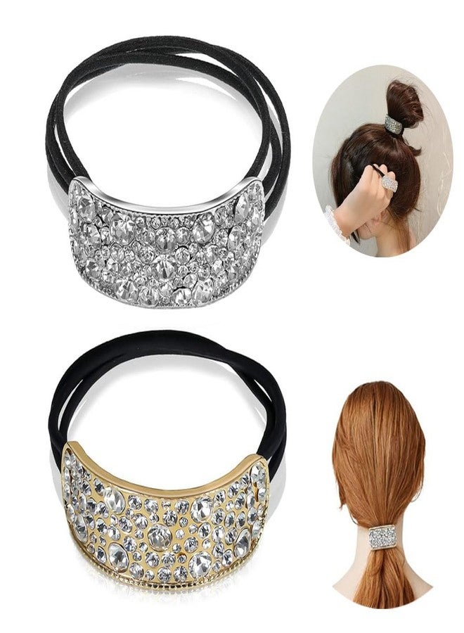 nanaxagly 2 Pcs Rhinestones Hair Ties Scrunchies Elegant Rhinestone, Glitter Gold Silver Ponytail Holder Hair Cuffs Elastic Hair Tie Band for Women Girls, Hair Accessories for Women and Girls - Image 1