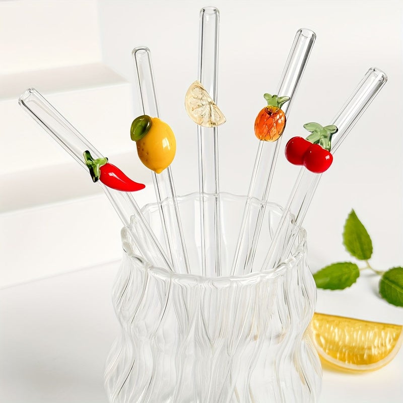 Sangria Style Set Of 5 Reusable Glass Straws With Cleaning Brush For Hot Cold Drinks - Image 1