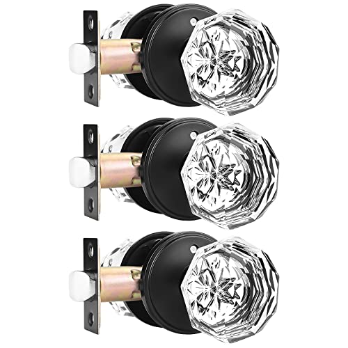 Orger 3 Pack Glass Door Knobs with Flat Black Rosette, Bath/Bed Door Knobs for Privacy Use, Keyless Interior Door Handles with Diamond Shape Crystal Glass and Zinc Alloy Base - Image 1