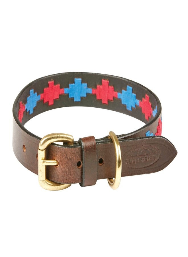 WeatherBeeta Polo Leather Dog Collar, Beaufort Brown/Pink/Blue, Medium - Image 1