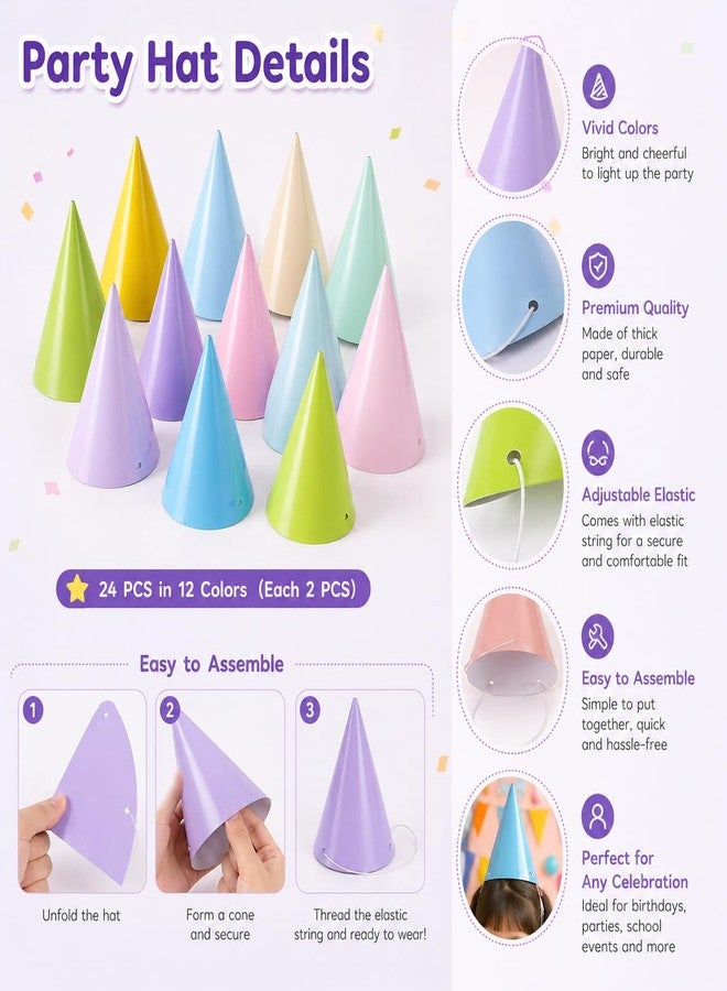 Stonelatrixo 24 Pack Macaron Birthday Hats for Adults & Kids - 6.1" Colorful Pastel Paper Cone Hats for Birthday Party, Tea Party, Bachelorette Decor - Minimalist Aesthetic Party Favors with Elastic Straps - Image 3