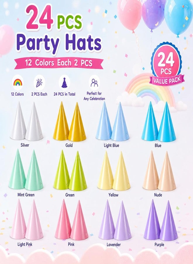 Stonelatrixo 24 Pack Macaron Birthday Hats for Adults & Kids - 6.1" Colorful Pastel Paper Cone Hats for Birthday Party, Tea Party, Bachelorette Decor - Minimalist Aesthetic Party Favors with Elastic Straps - Image 2