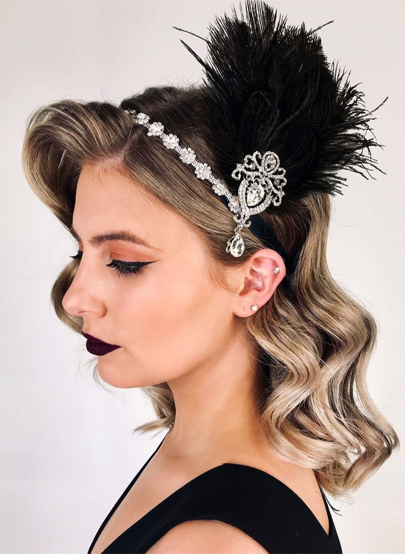 1920s Feather Headpiece, Womens Ostrich Feather Crystal Headband, Great Gatsby Hair Accessories for Women, Ribbon Tie, Flapper Accessories, Art Deco Headpiece (Black) - Image 2