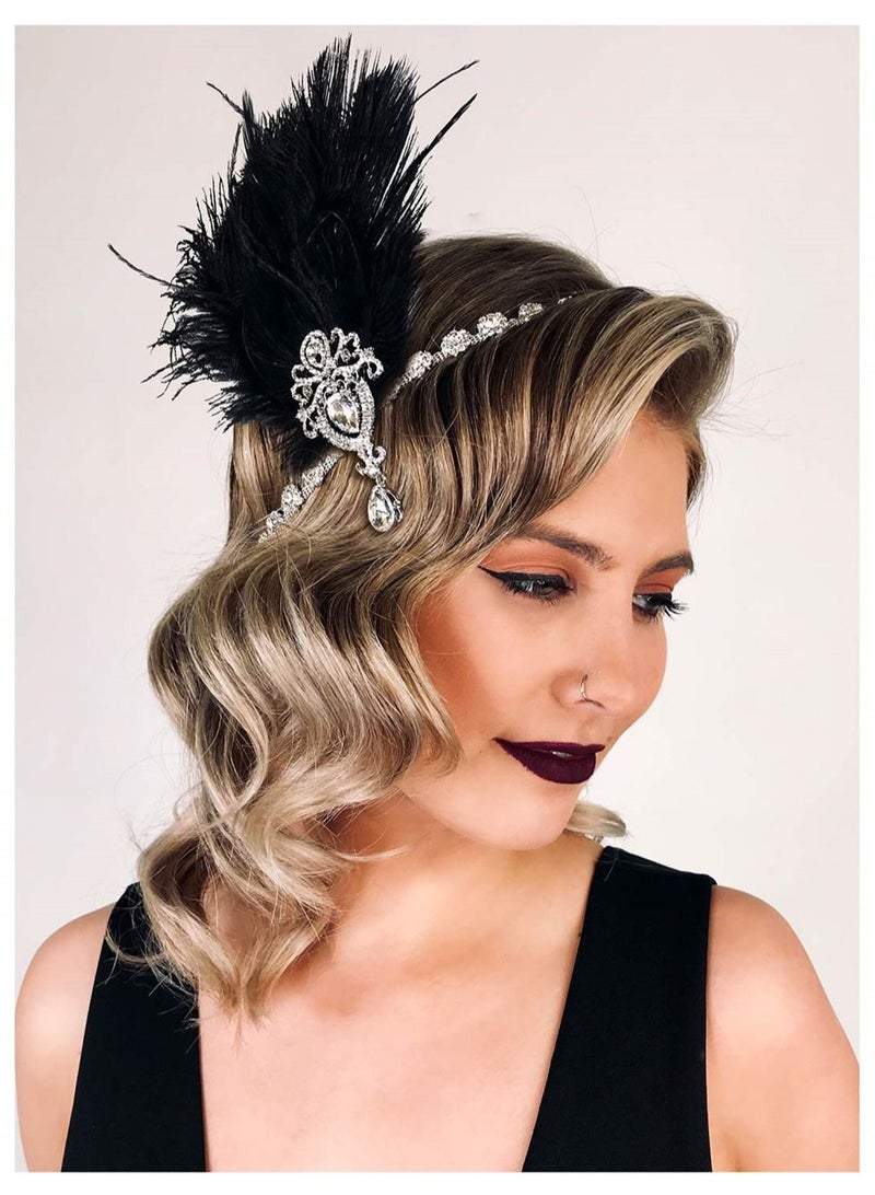 1920s Feather Headpiece, Womens Ostrich Feather Crystal Headband, Great Gatsby Hair Accessories for Women, Ribbon Tie, Flapper Accessories, Art Deco Headpiece (Black) - Image 1