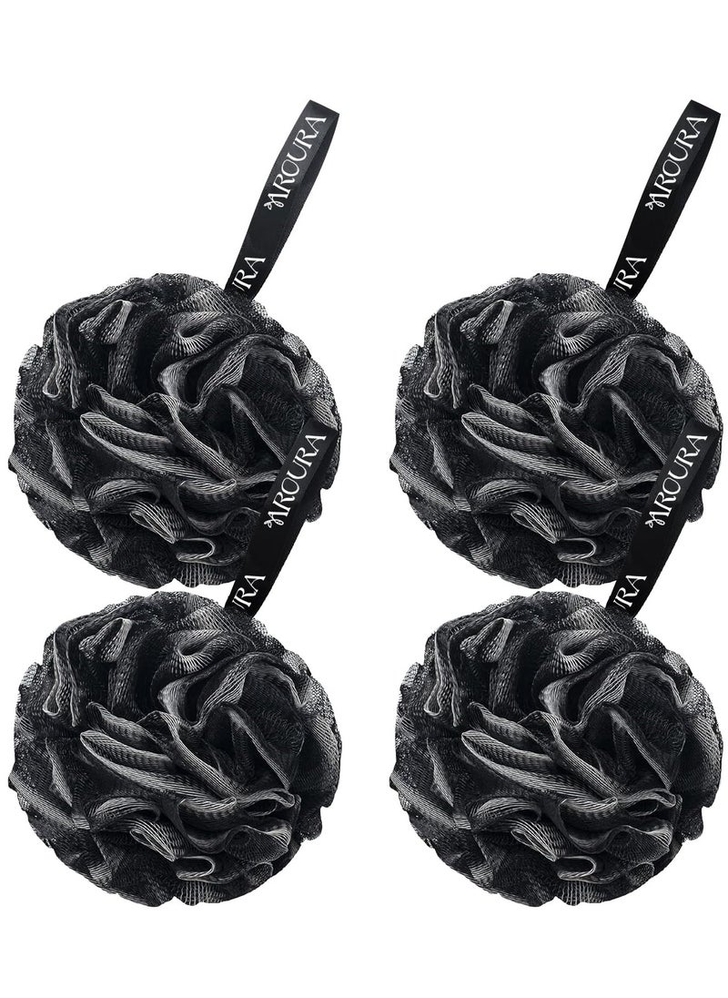 Aroura Premium Bamboo Charcoal Shower Puff - 4 Pack Black Bath Sponges - X-Large Mesh Pouf Loofahs for Enhanced Skin Care for Men & Women - Nature-Inspired, Luxurious Bathing Experience  - Image 1