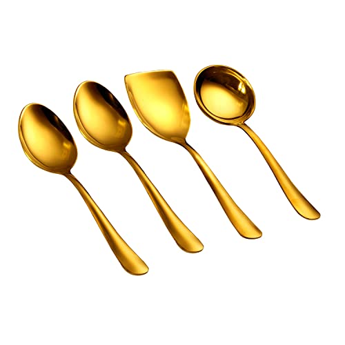 AXIOM Stainless Steel Golden Serving Tools Set. 4 Piece Heavy Gauge Non-Stick Set Of 1 Soup Ladle (Karchi), 2 Solid Spoon (Chamcha) & 1 Rice Spoon For Serving Soup/Curry/Dal/Rice. Gold - Image 1