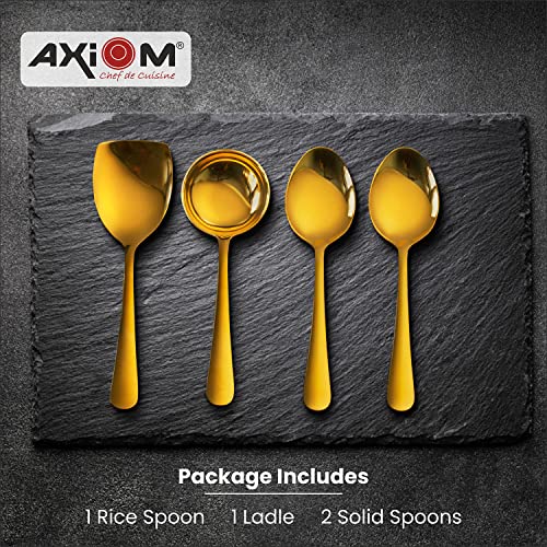 AXIOM Stainless Steel Golden Serving Tools Set. 4 Piece Heavy Gauge Non-Stick Set Of 1 Soup Ladle (Karchi), 2 Solid Spoon (Chamcha) & 1 Rice Spoon For Serving Soup/Curry/Dal/Rice. Gold - Image 2