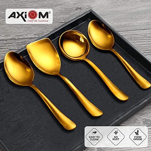 AXIOM Stainless Steel Golden Serving Tools Set. 4 Piece Heavy Gauge Non-Stick Set Of 1 Soup Ladle (Karchi), 2 Solid Spoon (Chamcha) & 1 Rice Spoon For Serving Soup/Curry/Dal/Rice. Gold - Image 3