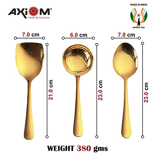 AXIOM Stainless Steel Golden Serving Tools Set. 4 Piece Heavy Gauge Non-Stick Set Of 1 Soup Ladle (Karchi), 2 Solid Spoon (Chamcha) & 1 Rice Spoon For Serving Soup/Curry/Dal/Rice. Gold - Image 4