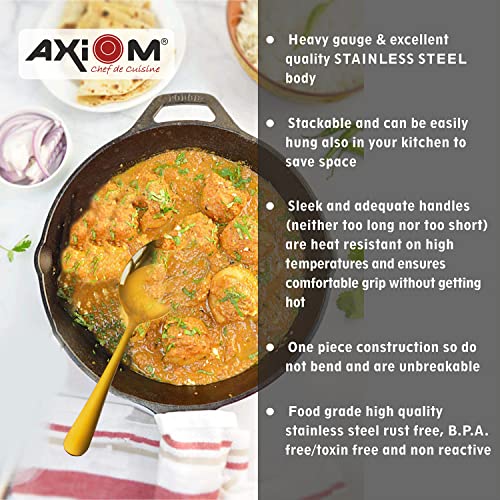 AXIOM Stainless Steel Golden Serving Tools Set. 4 Piece Heavy Gauge Non-Stick Set Of 1 Soup Ladle (Karchi), 2 Solid Spoon (Chamcha) & 1 Rice Spoon For Serving Soup/Curry/Dal/Rice. Gold - Image 5