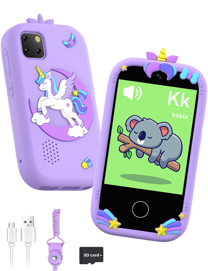 ZONEY Kids Smart Phone, Holiday Birthday Gifts for Girls Age 3-10, Kids Unicorn Toys Phone, 2.8" Touchscreen Toddler Learning Play Toy Phone with Dual Camera, Game, Music Player, 32GB Card, Purple - Image 1