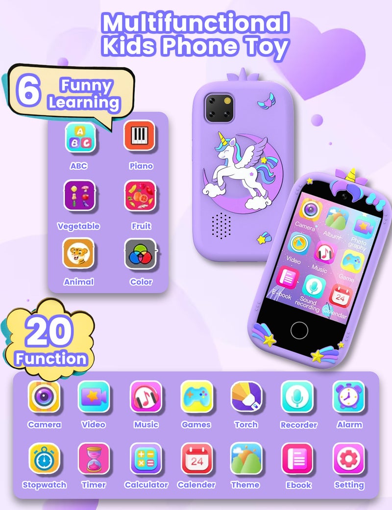 ZONEY Kids Smart Phone, Holiday Birthday Gifts for Girls Age 3-10, Kids Unicorn Toys Phone, 2.8" Touchscreen Toddler Learning Play Toy Phone with Dual Camera, Game, Music Player, 32GB Card, Purple - Image 2