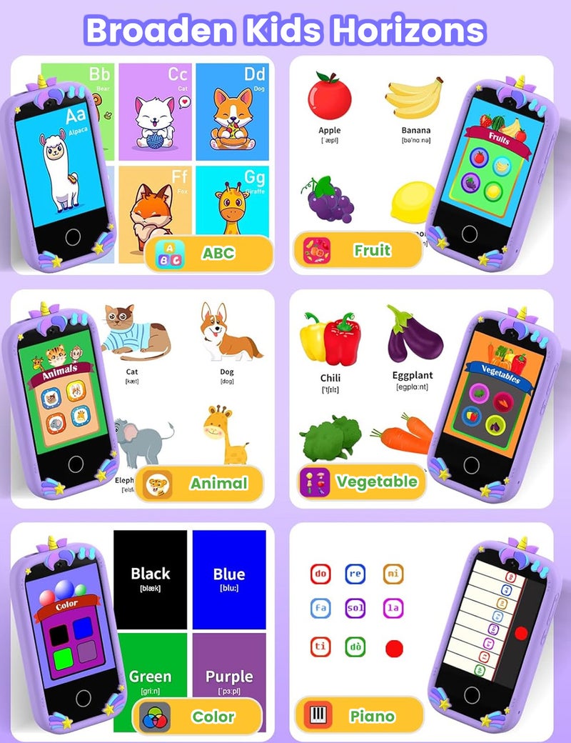 ZONEY Kids Smart Phone, Holiday Birthday Gifts for Girls Age 3-10, Kids Unicorn Toys Phone, 2.8" Touchscreen Toddler Learning Play Toy Phone with Dual Camera, Game, Music Player, 32GB Card, Purple - Image 5