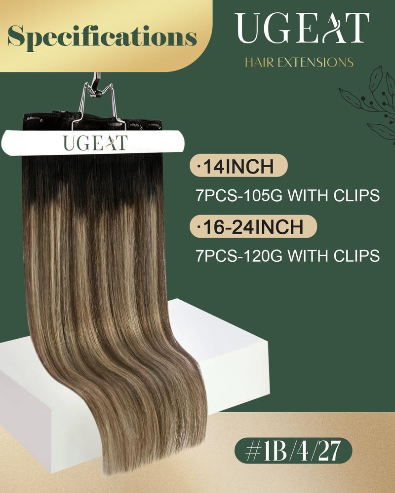 Ugeat Clip In Hair Extensions Real Human Hair Natural Black to Dark Brown Mix Strawberry Brown Balayage Clip In Human Hair Extensions For Women Straight Hair 14 inch 7pcs 105g - Image 2