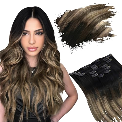 Ugeat Clip In Hair Extensions Real Human Hair Natural Black to Dark Brown Mix Strawberry Brown Balayage Clip In Human Hair Extensions For Women Straight Hair 14 inch 7pcs 105g - Image 1