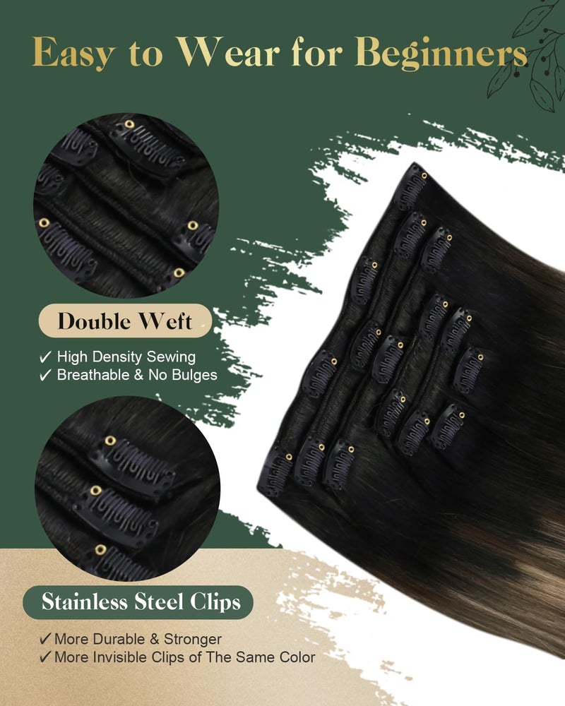 Ugeat Clip In Hair Extensions Real Human Hair Natural Black to Dark Brown Mix Strawberry Brown Balayage Clip In Human Hair Extensions For Women Straight Hair 14 inch 7pcs 105g - Image 3