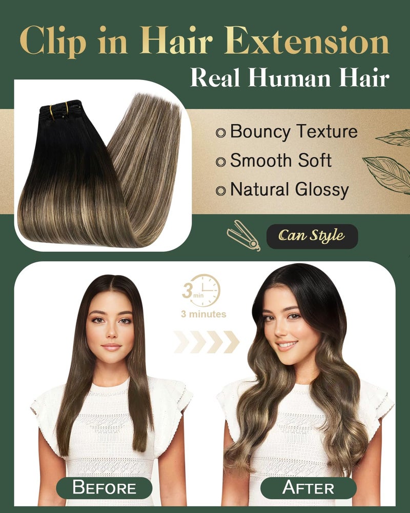 Ugeat Clip In Hair Extensions Real Human Hair Natural Black to Dark Brown Mix Strawberry Brown Balayage Clip In Human Hair Extensions For Women Straight Hair 14 inch 7pcs 105g - Image 4