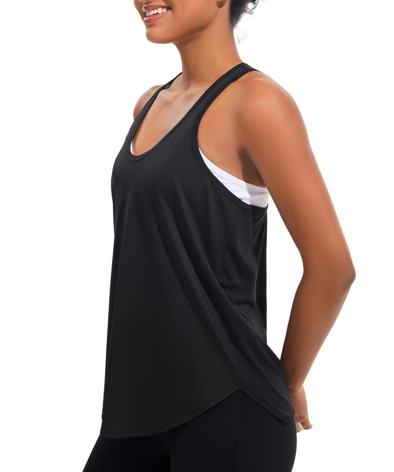 JOYSPELS Workout Tank Tops for Women, Ice Silk Quick Dry Athletic Running Shirts, Loose Fit Racerback Gym Tops Black - Image 4
