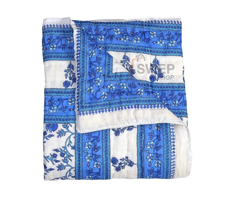 SIBLEY 300 TC Single Bed Jaipuri Razai Organic Pure Cotton Ac Quilt Soft Rajasthani Cotton Quilt 55 x 85 inch, Blue (Set of 1) - Image 4
