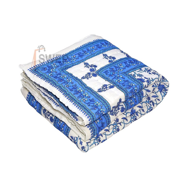 SIBLEY 300 TC Single Bed Jaipuri Razai Organic Pure Cotton Ac Quilt Soft Rajasthani Cotton Quilt 55 x 85 inch, Blue (Set of 1) - Image 1