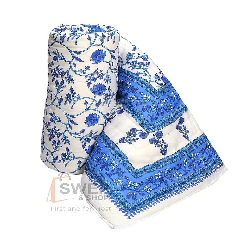 SIBLEY 300 TC Single Bed Jaipuri Razai Organic Pure Cotton Ac Quilt Soft Rajasthani Cotton Quilt 55 x 85 inch, Blue (Set of 1) - Image 3