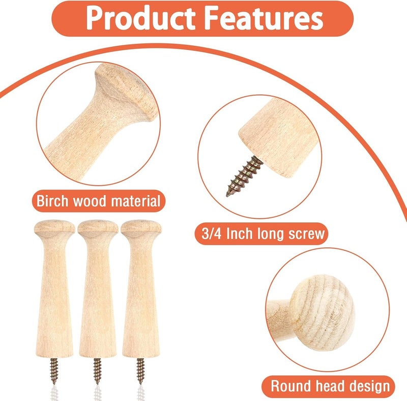 10 Pack Wooden Shaker Peg Hooks Wall Mounted Coat Pegs with Screws - Image 3
